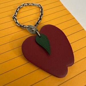 HERMES Red Apple Leather Bag Charm in Sterling Silver Chain